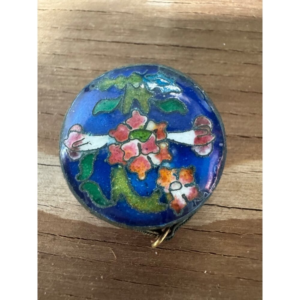 Antique Cloisonné Floral Enamel Trinket Box With Blue Interior & Brass Hinges